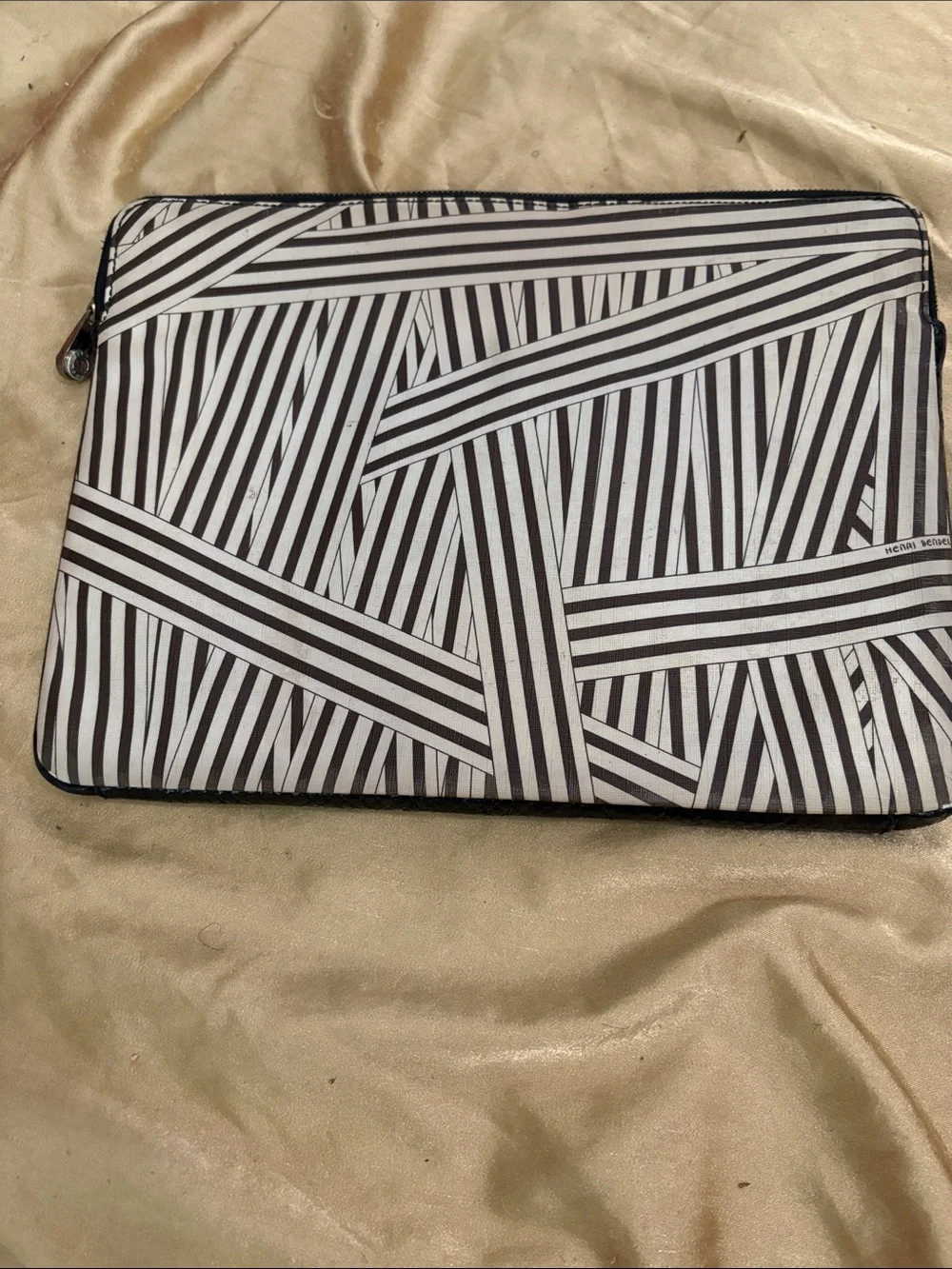 Vintage Henri Bendel Black & White Striped Zip Pouch with Blue and Yellow Stripe